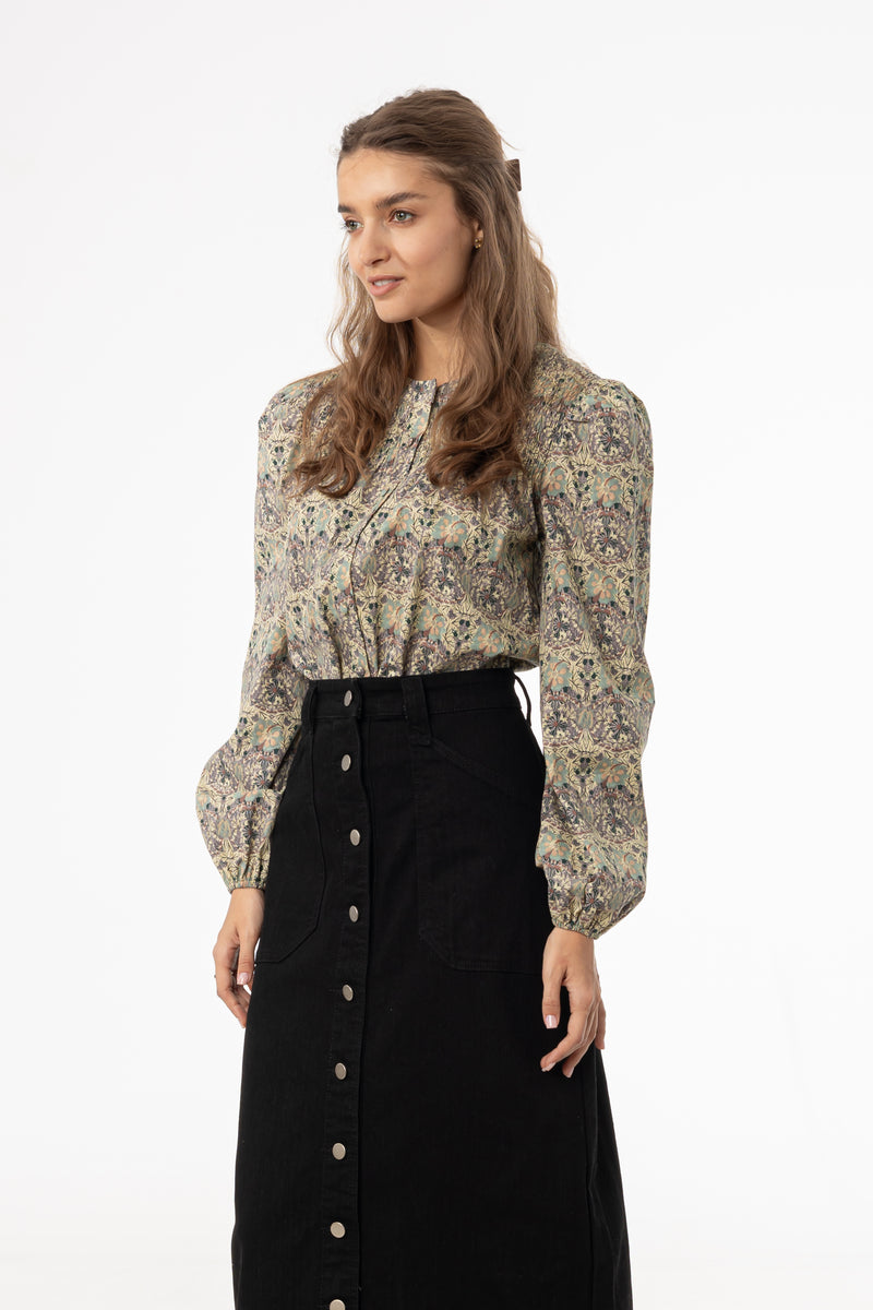Green and Purple Floral Smocked Blouse