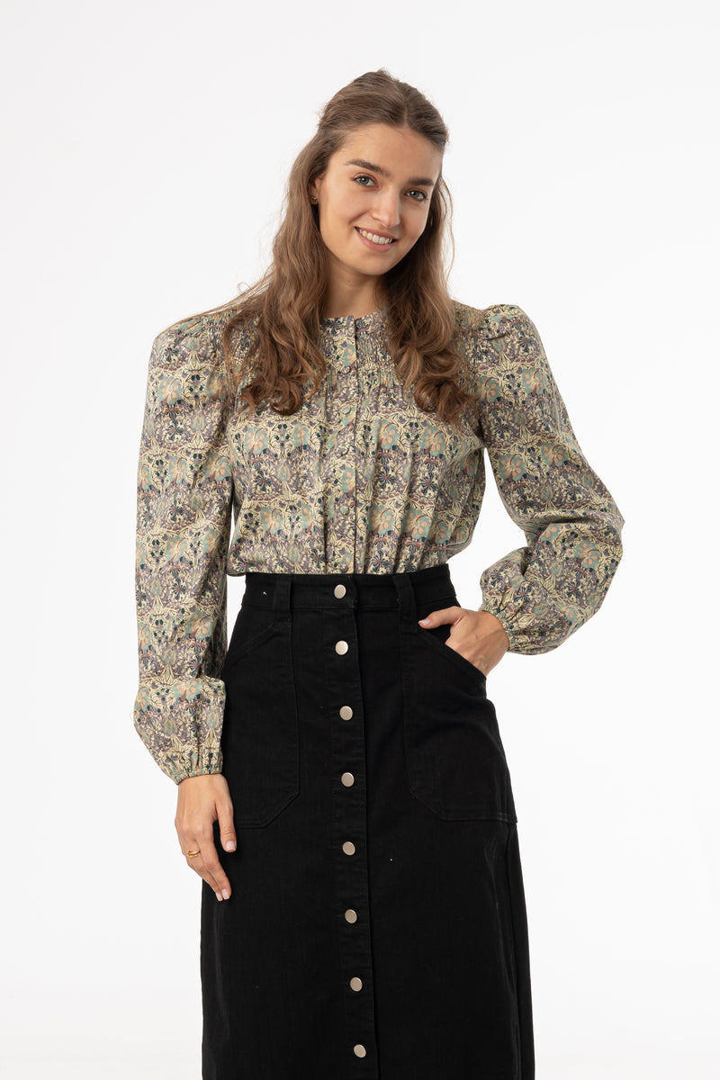 Green and Purple Floral Smocked Blouse