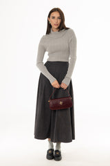 Grey Corduroy Paneled Flare Maxi Skirt