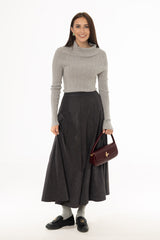 Grey Corduroy Paneled Flare Maxi Skirt