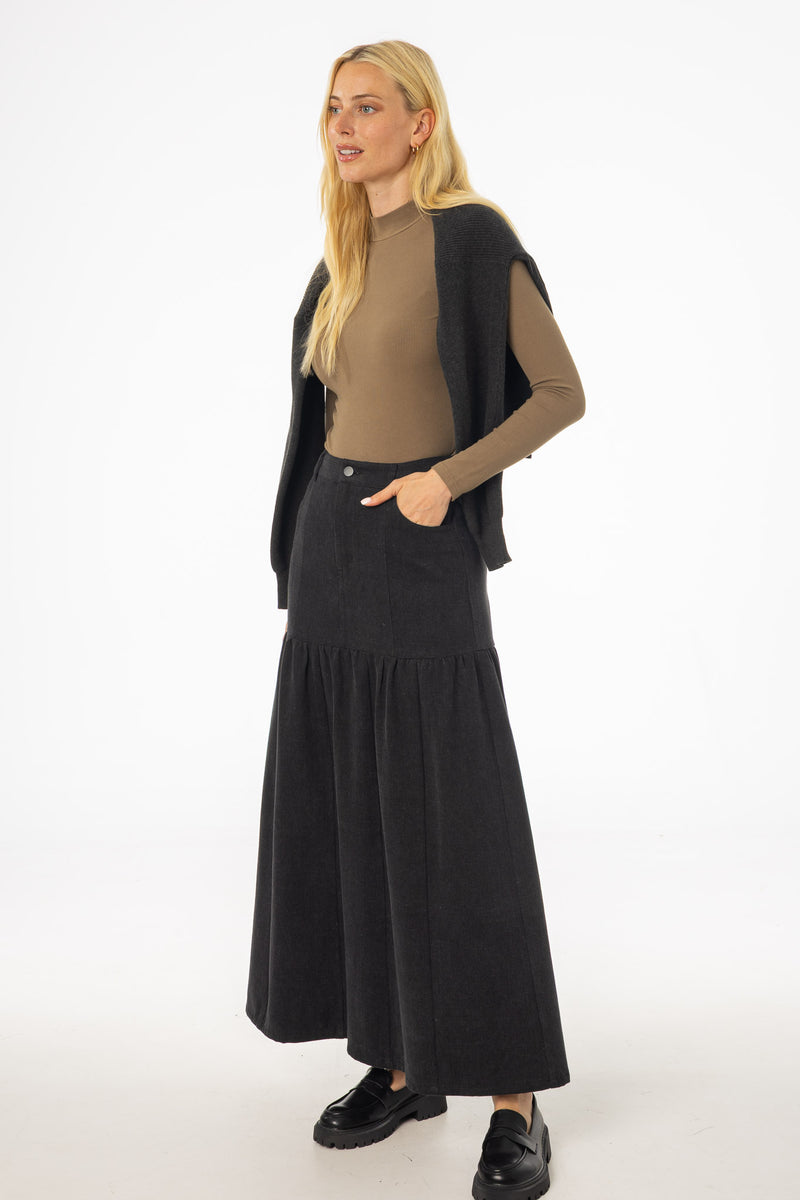 Grey Flared Denim Maxi Skirt