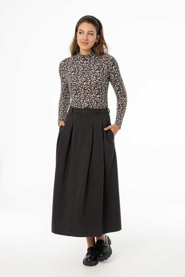 Grey Front Pleated Flared Skirt