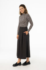 Grey Front Pleated Flared Skirt