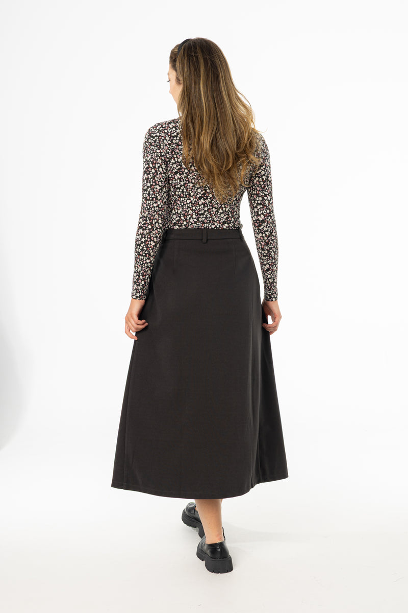 Grey Front Pleated Flared Skirt