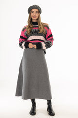 Grey Knit Flare Midi Skirt