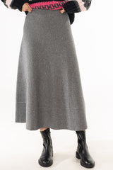 Grey Knit Flare Midi Skirt
