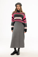 Grey Knit Flare Midi Skirt