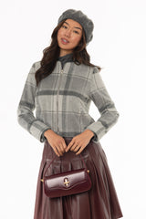 Grey Plaid Wool Feel Zip Up Jacket