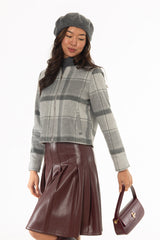 Grey Plaid Wool Feel Zip Up Jacket