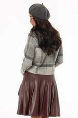 Grey Plaid Wool Feel Zip Up Jacket