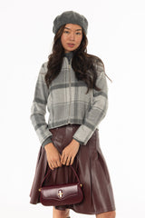 Grey Plaid Wool Feel Zip Up Jacket