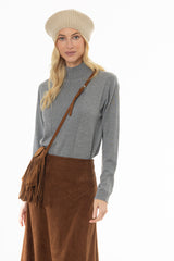 Grey Ribbed Combo Turtleneck Sweater