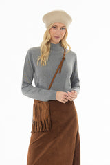 Grey Ribbed Combo Turtleneck Sweater