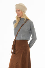 Grey Ribbed Combo Turtleneck Sweater