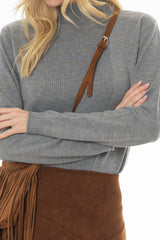 Grey Ribbed Combo Turtleneck Sweater