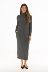 Grey Ribbed Turtleneck Basic Maxi