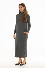 Grey Ribbed Turtleneck Basic Maxi