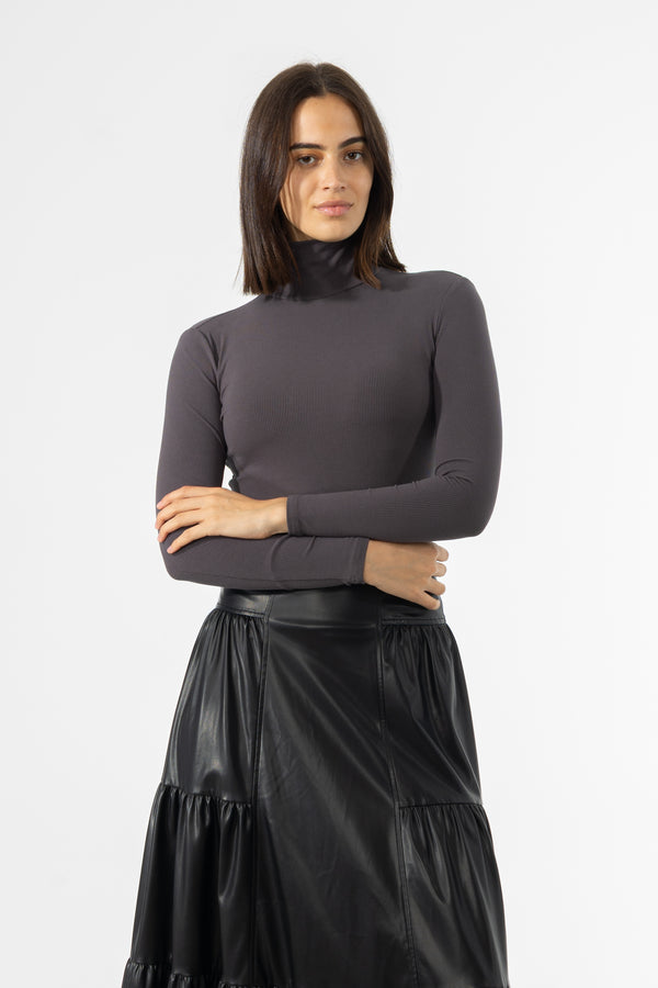 Grey Ribbed Turtleneck Top