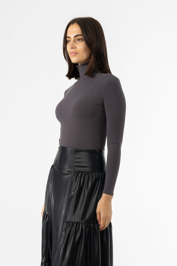 Grey Ribbed Turtleneck Top