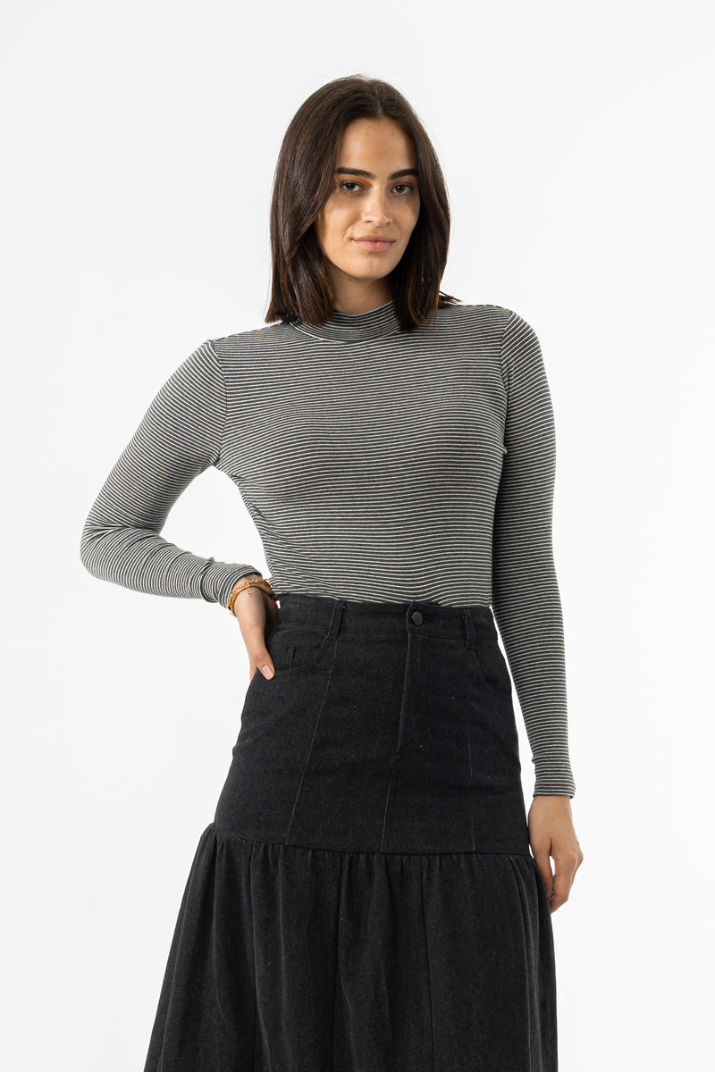 Grey Striped Mock Neck Top