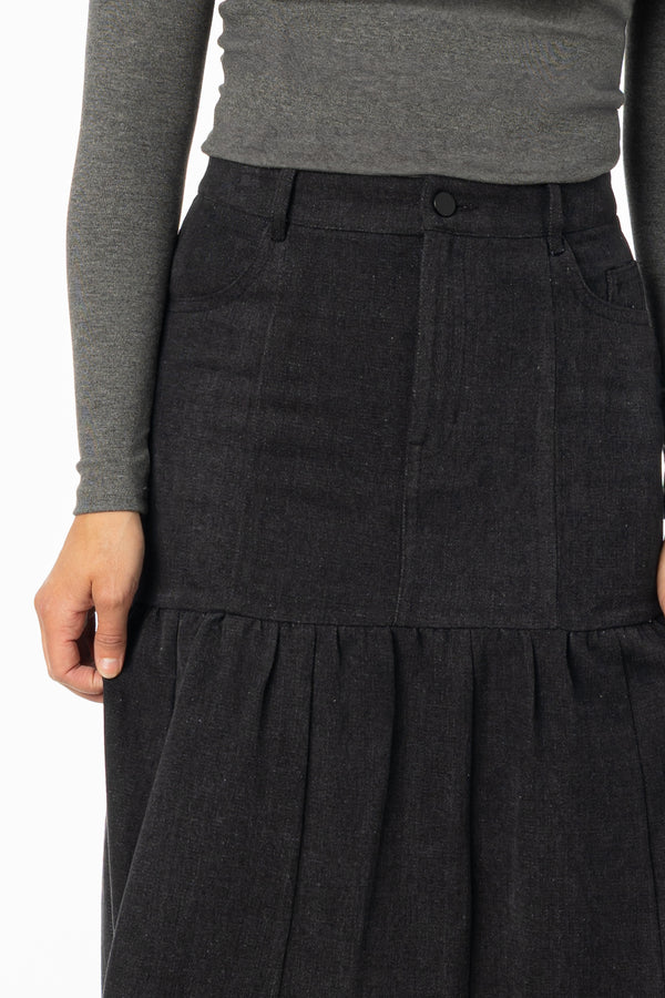 Grey Flared Denim Maxi Skirt