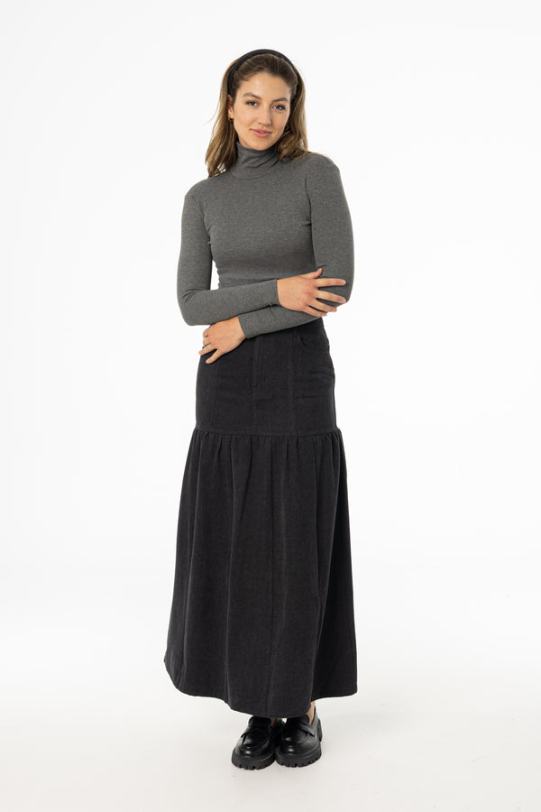 Grey Flared Denim Maxi Skirt