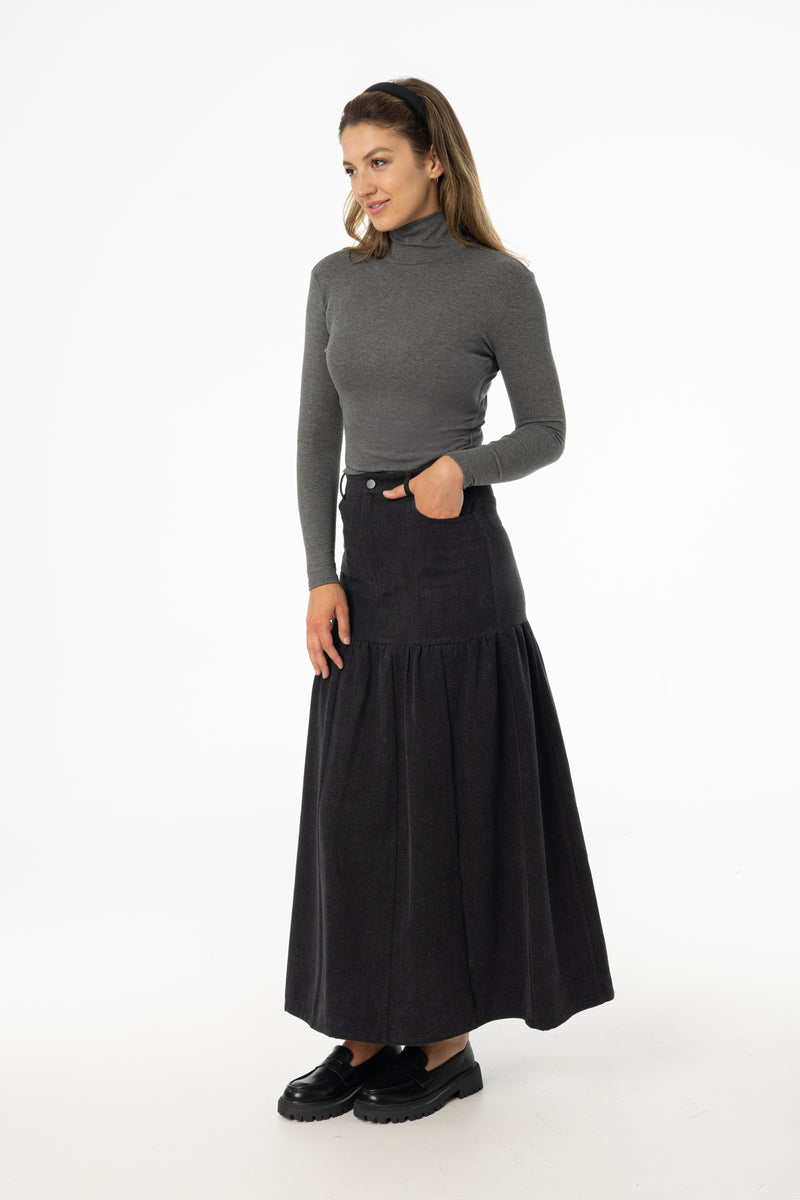Grey Flared Denim Maxi Skirt