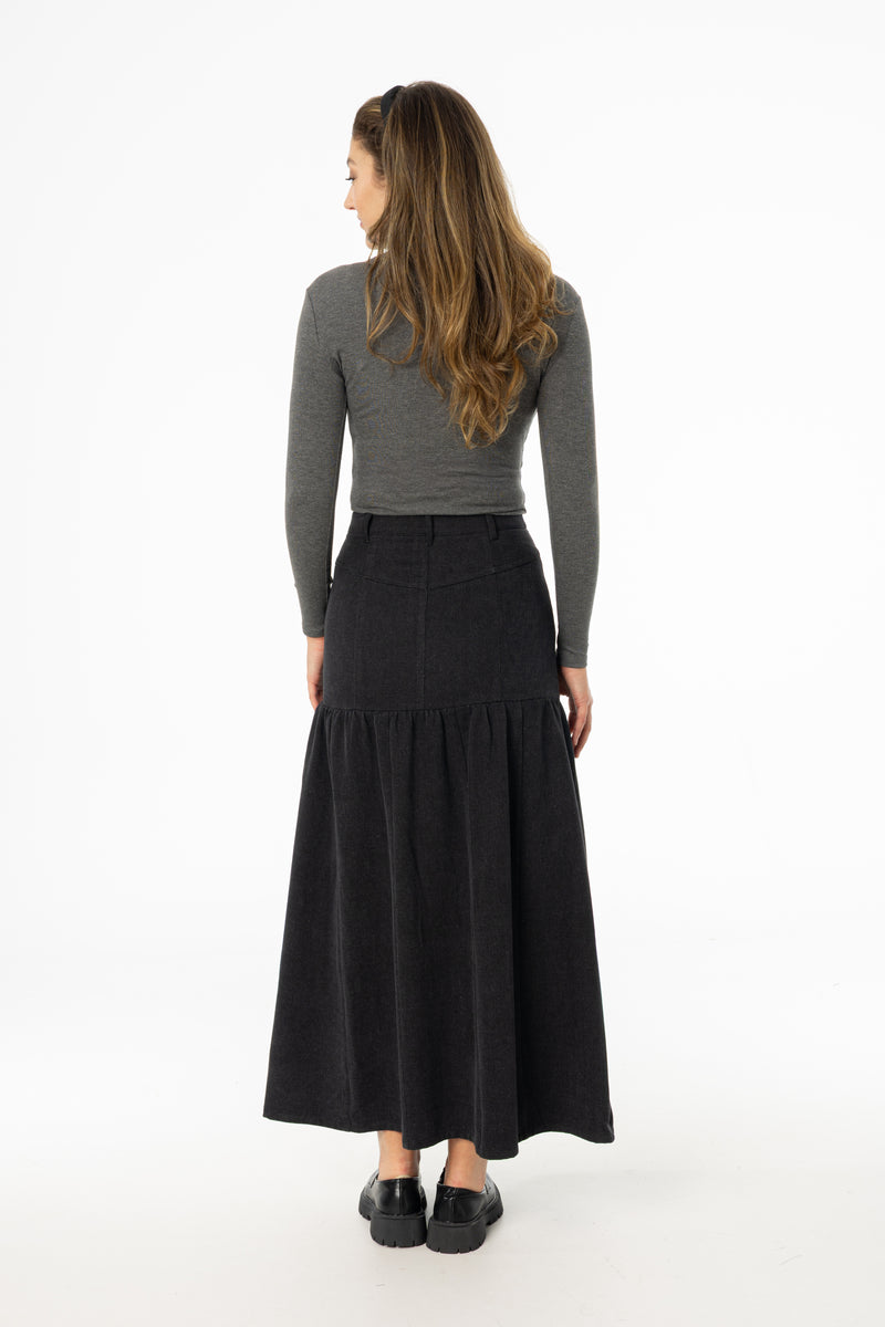 Grey Flared Denim Maxi Skirt