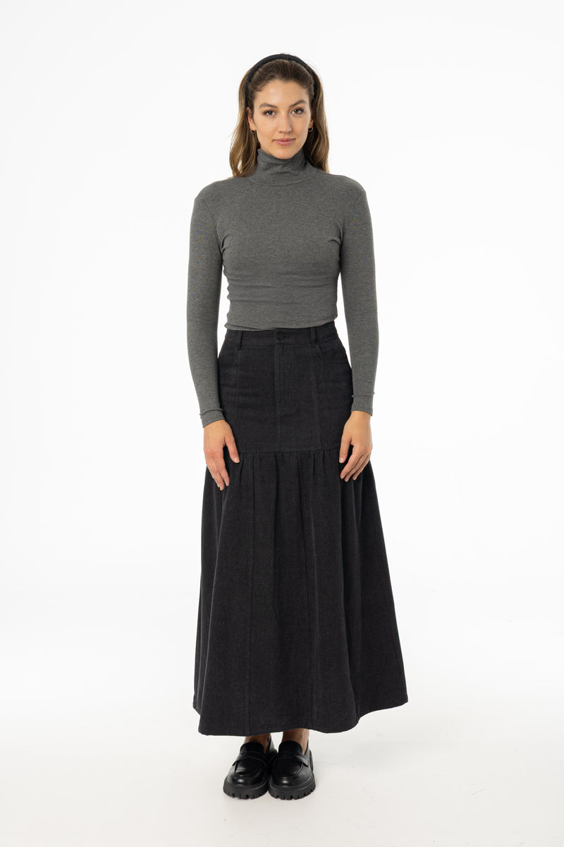 Grey Flared Denim Maxi Skirt