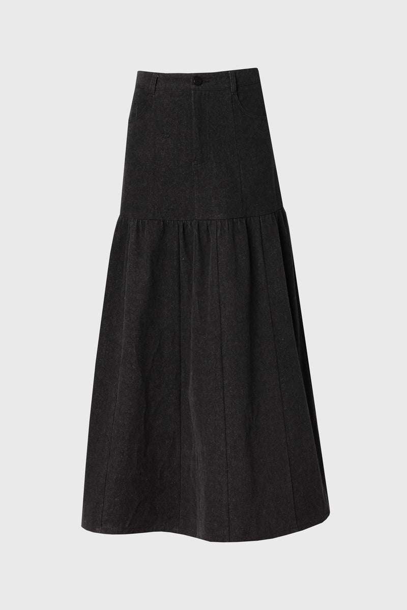 Grey Flared Denim Maxi Skirt