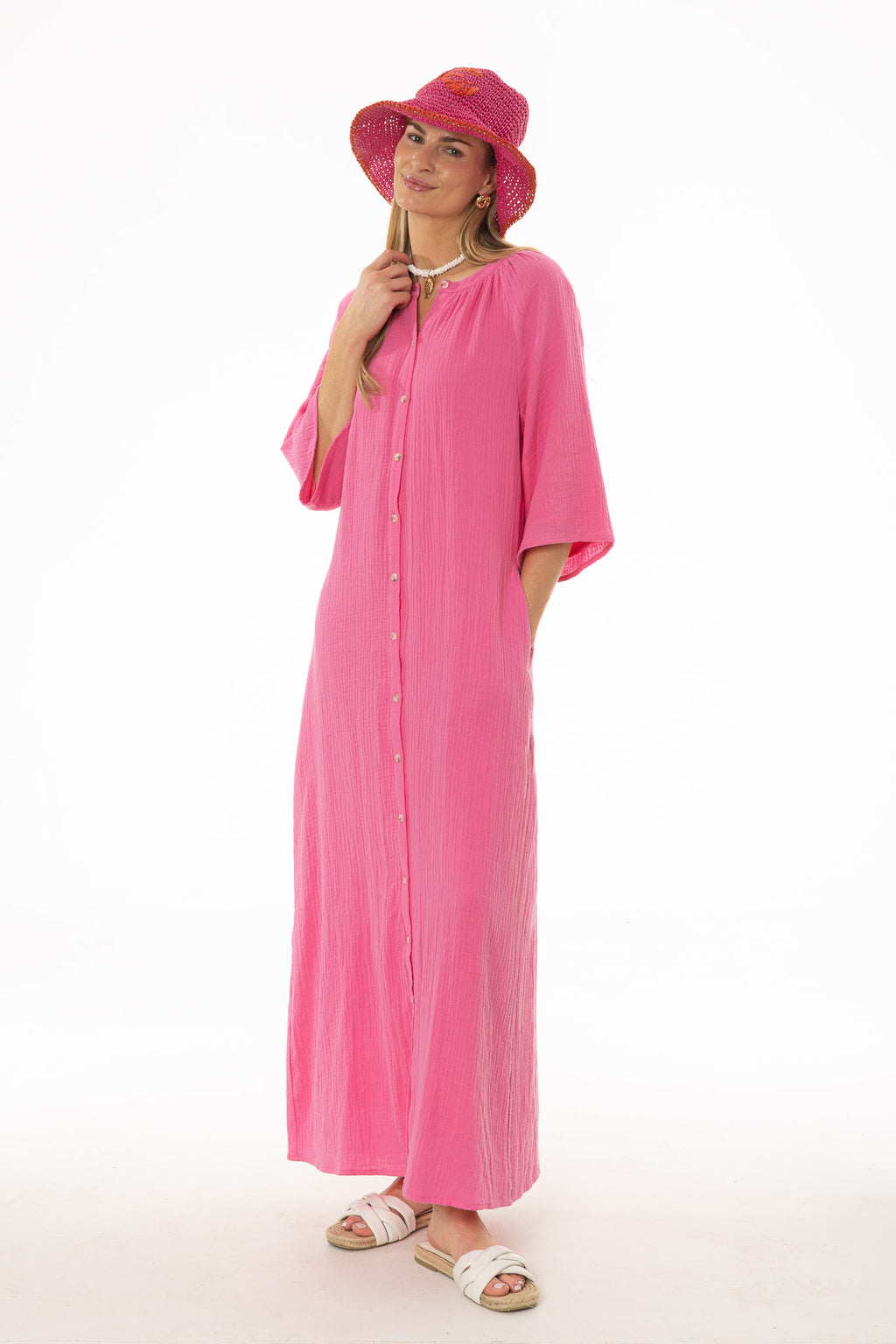 Hot Pink Gauze Flare Sleeve Maxi Dress