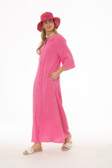Hot Pink Gauze Flare Sleeve Maxi Dress
