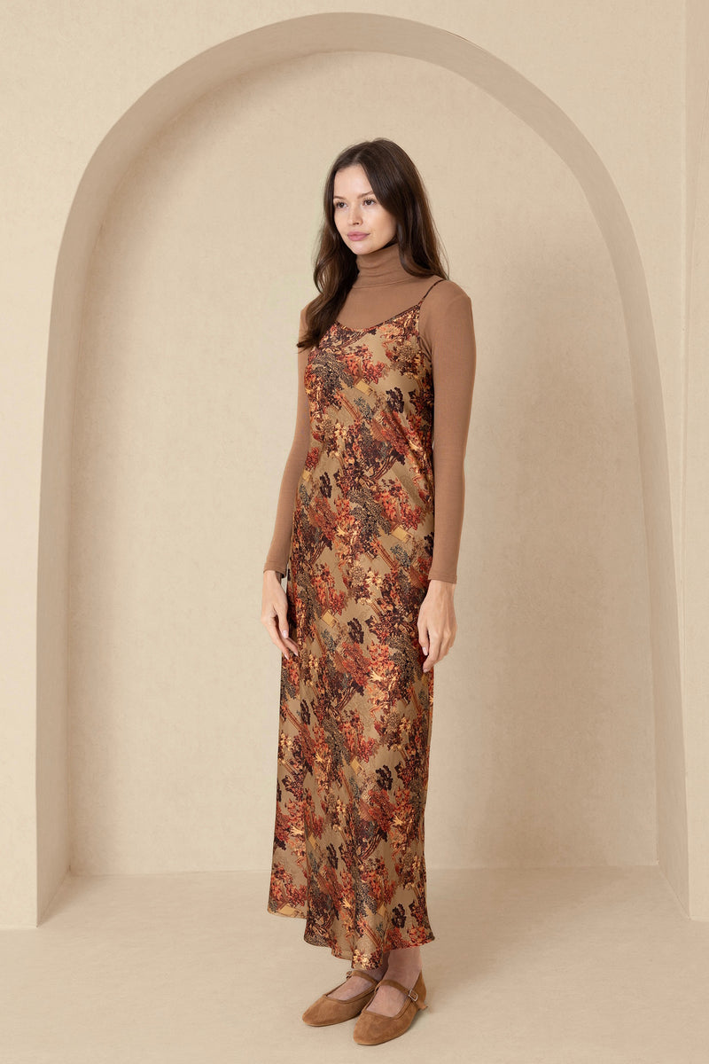 Brown Printed Slip Dress