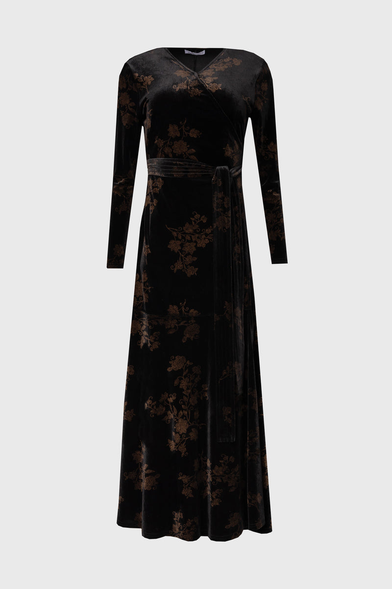 Black & Brown Printed Velour Wrap Dress