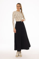 Black Flared Denim Maxi Skirt