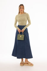 Blue Flared Denim Maxi Skirt