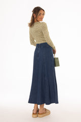 Blue Flared Denim Maxi Skirt
