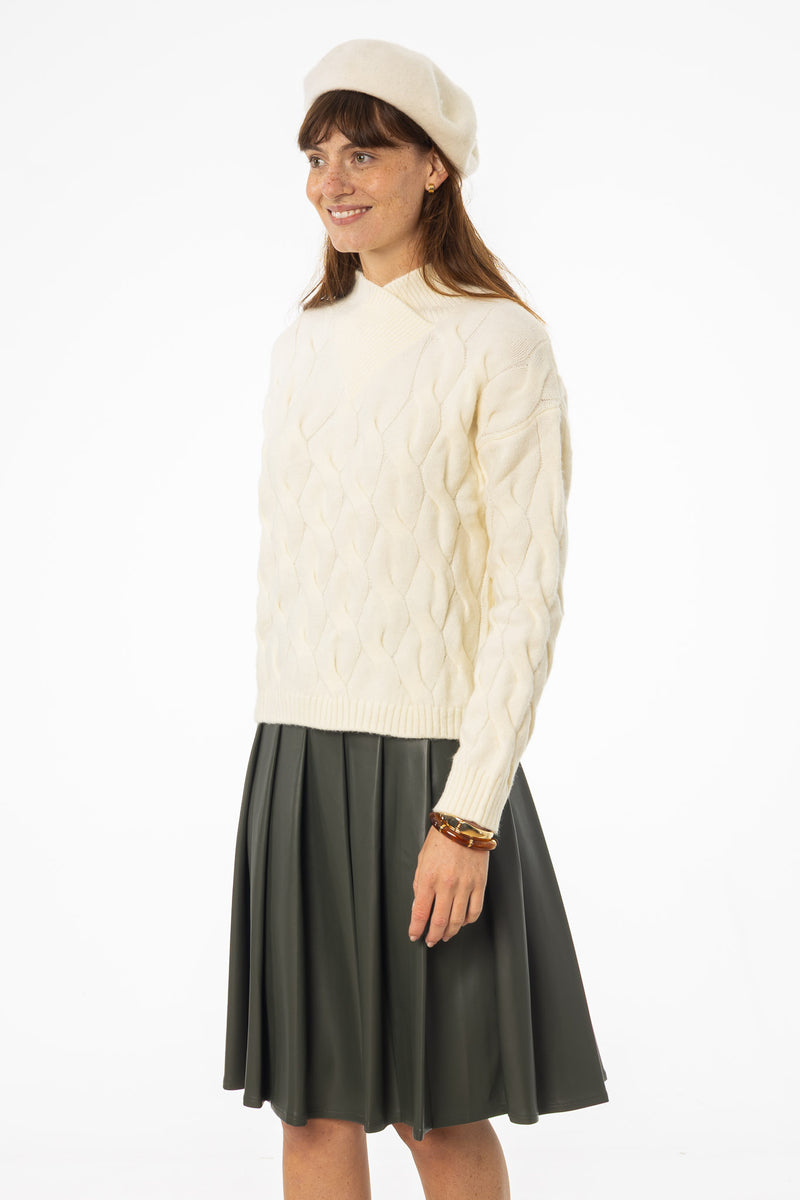 Ivory Collar Detail Cable Knit Sweater