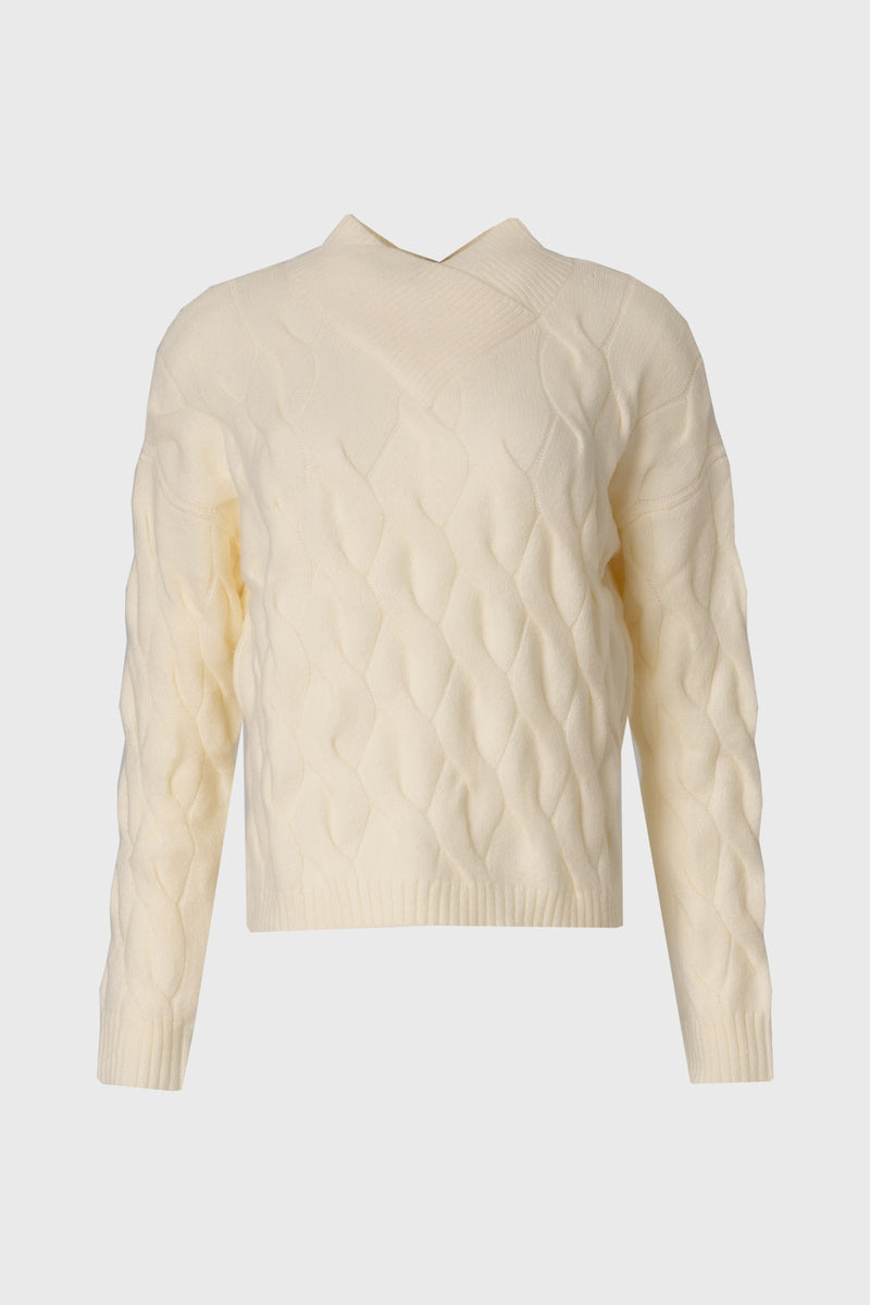 Ivory Collar Detail Cable Knit Sweater