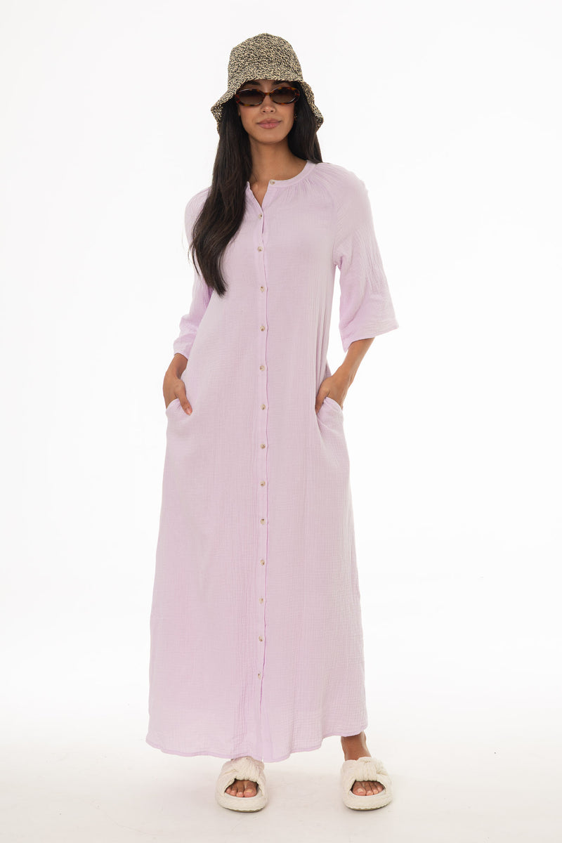 lavender maxi dress with sleeves Lavender Gauze Flare Sleeve Maxi Dress – BLANK