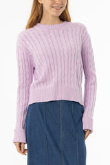 Soft lavender cable knit sweater with round neckline