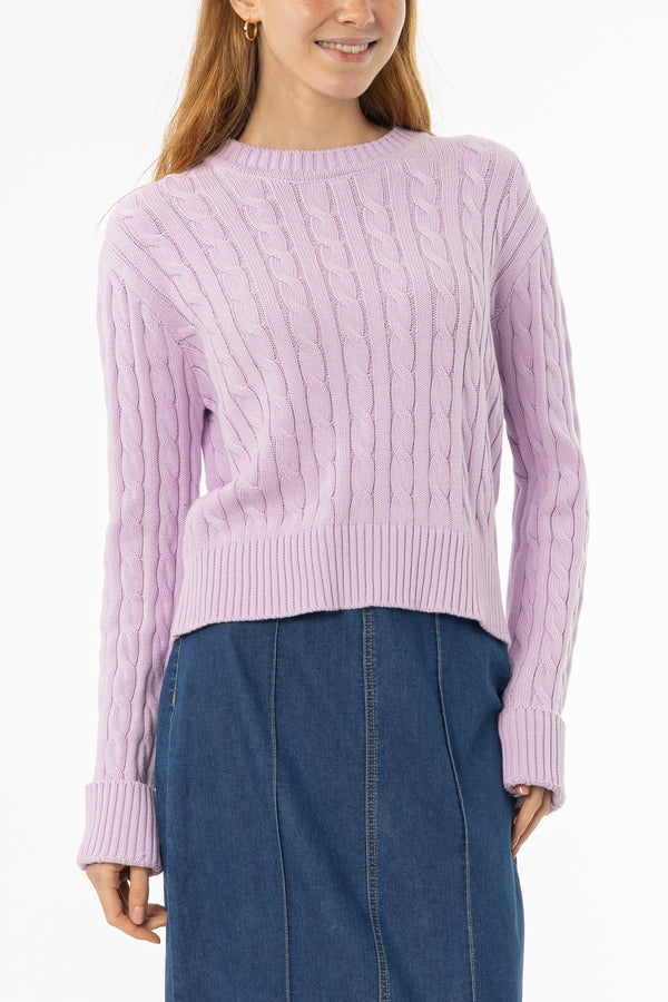 Soft lavender cable knit sweater with round neckline