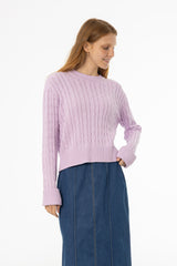 Soft lavender cable knit sweater with round neckline