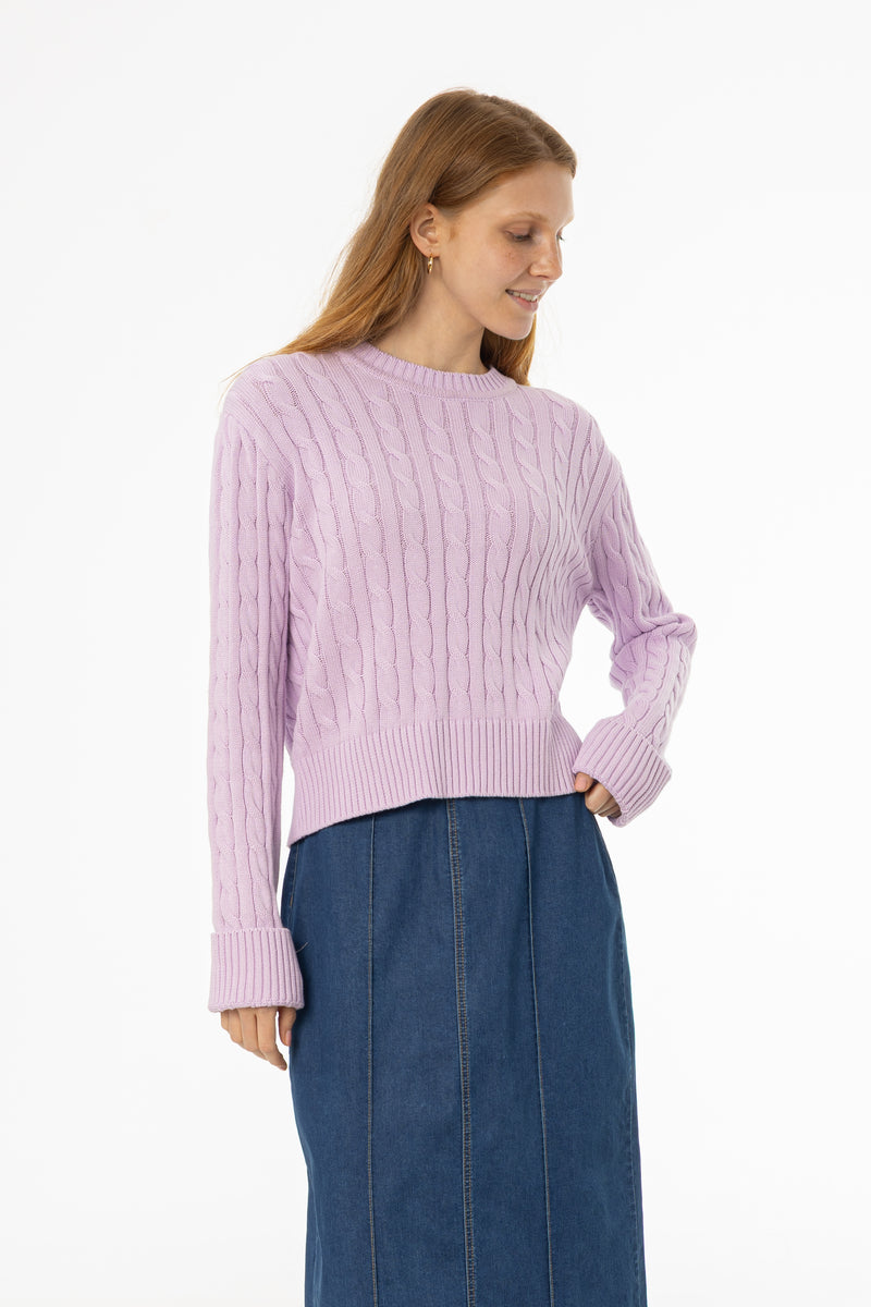 Soft lavender cable knit sweater with round neckline