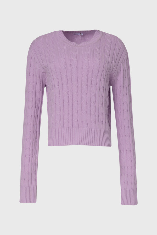 Soft lavender cable knit sweater with round neckline