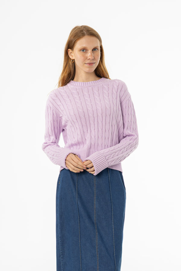 Soft lavender cable knit sweater with round neckline