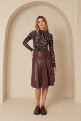 Burgundy Leather Half Pleat Skirt