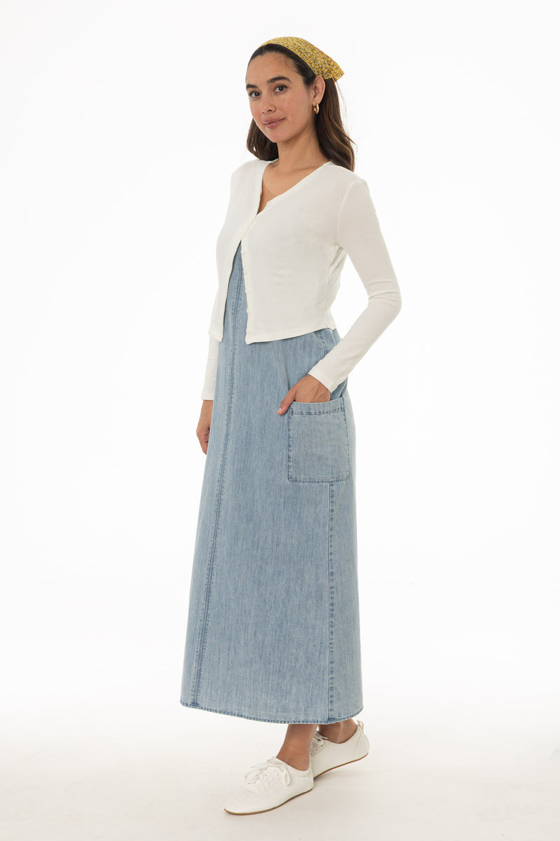 denim maxi jumper dress Light Blue Cargo Denim Maxi Jumper – BLANK