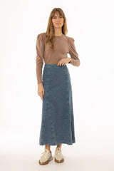Light Blue Denim Godet Maxi Skirt