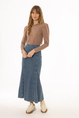 Light Blue Denim Godet Maxi Skirt